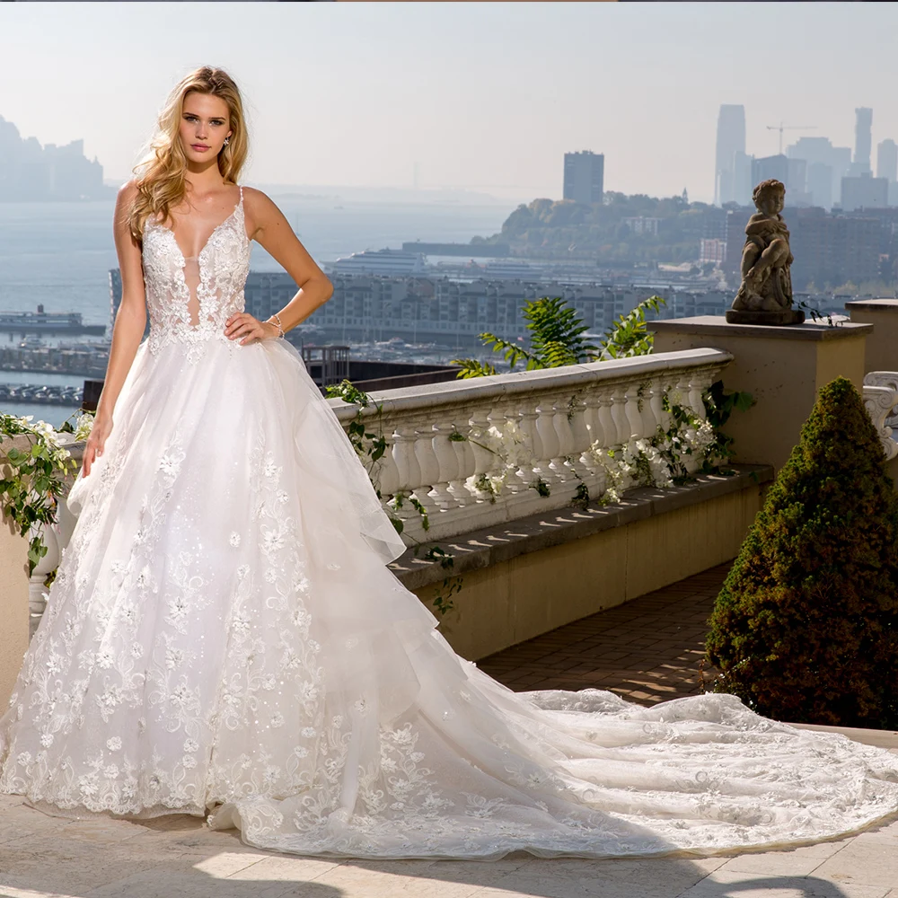 

Appliques Flowers Beaded Crystal Sequined Shiny Wedding Dress Alibaba Vestidos Shoulder Straps Backless Illusion Sexy Gowns
