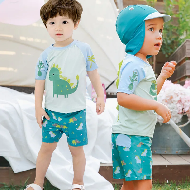Kids Boys Two Piece Swimsuit Sun Protection Bathing Suit with Swim Cap