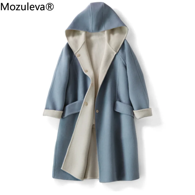 Mozuleva зимнее Новое Элегантное женское двухцветное шерстяное пальто средней длины с капюшоном, темное шерстяное пальто с пряжкой для женщин|Пальто|   | АлиЭкспресс