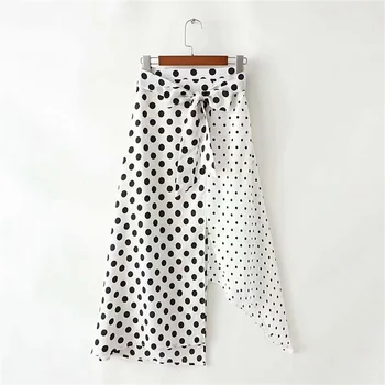 

2020 spring women's new wave dot print irregular stitching skirt high waist lace asymmetric split long skirt