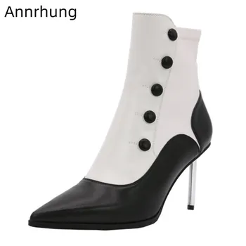 

Elegant White Real Leather Boots Women Point Toe Slim Ankle Bottes Decor Black Dot Button Party Shoes High Gladiator Heel Boots