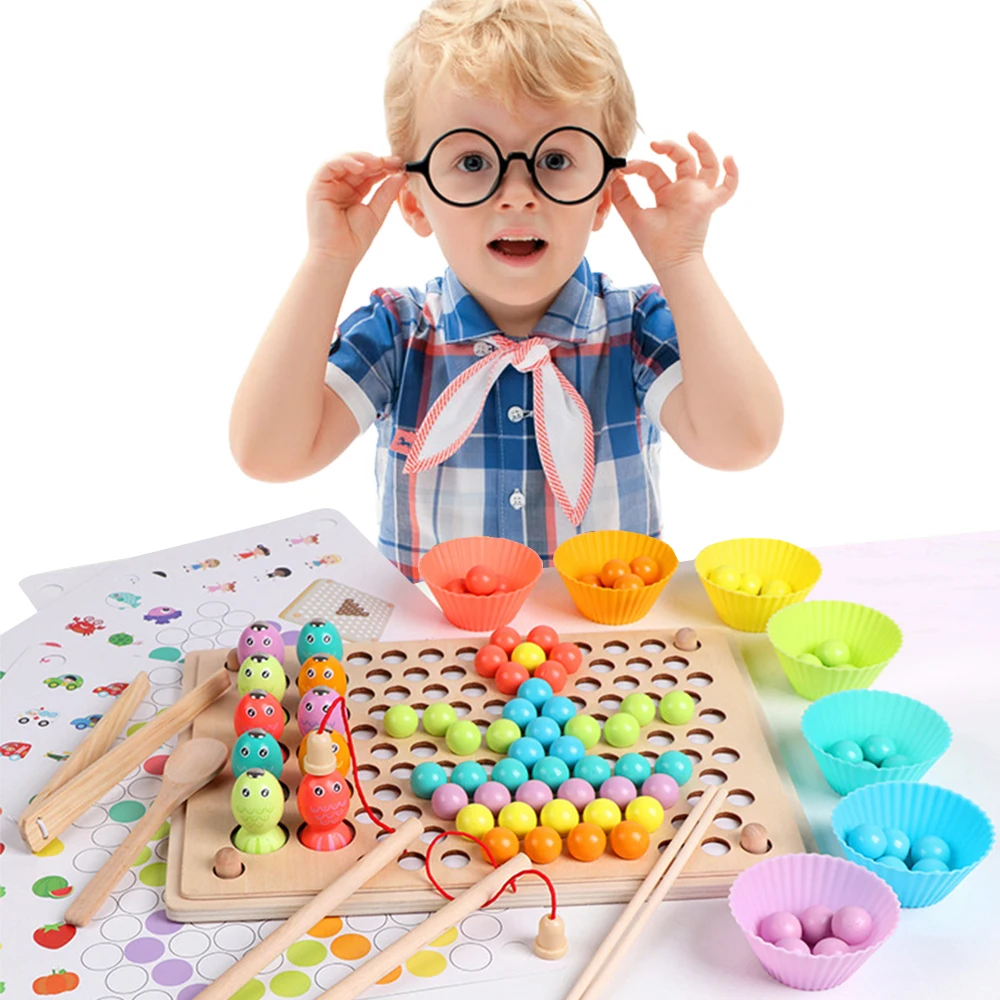 Kids Montessori Wooden Toys Hands Brain Training Clip Beads Chopsticks Beads Toys Early Educational Puzzle Board Math Game Toy