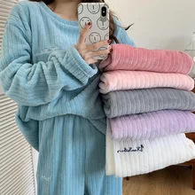 

Winter Flannel Solid Clothes Pajama Set Sleepwear Femme Pyjama Long Sleeve Trouser Ensemble Female Pijama Thicken Warm Homewear