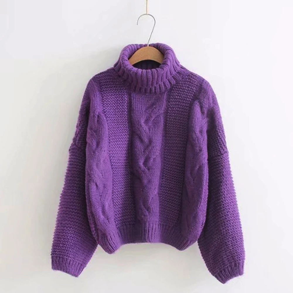 Осенне-зимний короткий свитер, Женский вязаный пуловер с высоким воротом, повседневный мягкий джемпер, Модный пуловер с длинным рукавом для женщин - Color: style2 purple