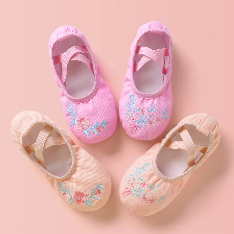 Girls Ballet Shoes Embroider Kids Dance Slippers Split Sole Gymnastics Dancing Shoes