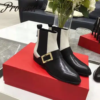 

Ollymurs New Black Genuine Leather HIgh Quality Buckle Deco Slip On Ankle Boots Pointed Toe Thick Heel Low Heel Boots