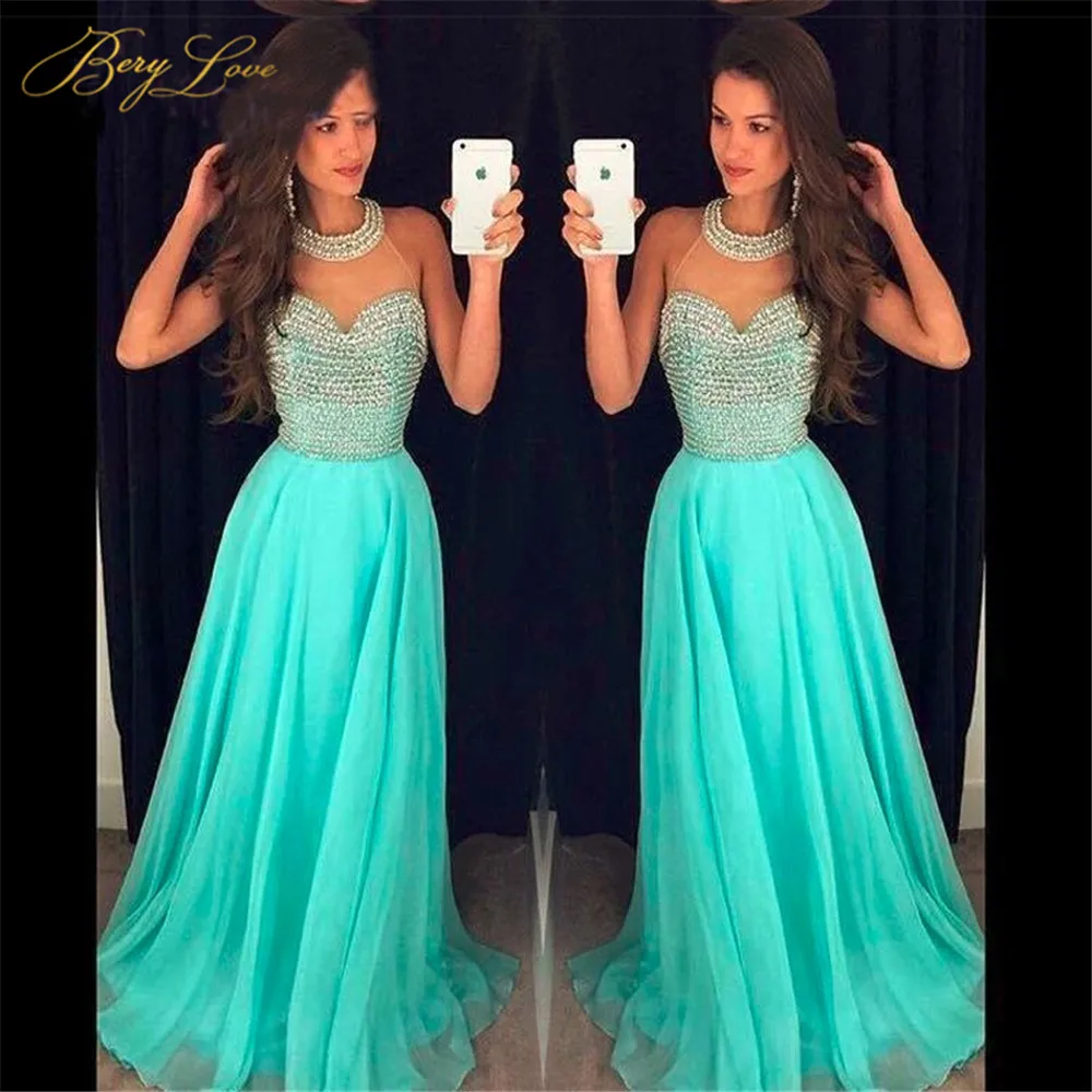 

BeryLove Mint Green Evening Prom Dresses 2019 Fresh Look Young Girl Elegant Women Long Fashion Beading Necklace Party Dresses