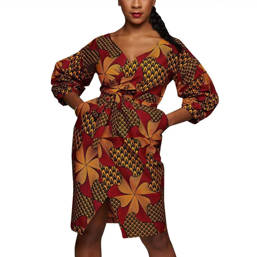 Opslea, Африканское женское модное сексуальное платье с v-образным вырезом и рукавом-фонариком, с принтом, Дашики, Осеннее Новое Африканское национальное тонкое приталенное платье - Цвет: 02