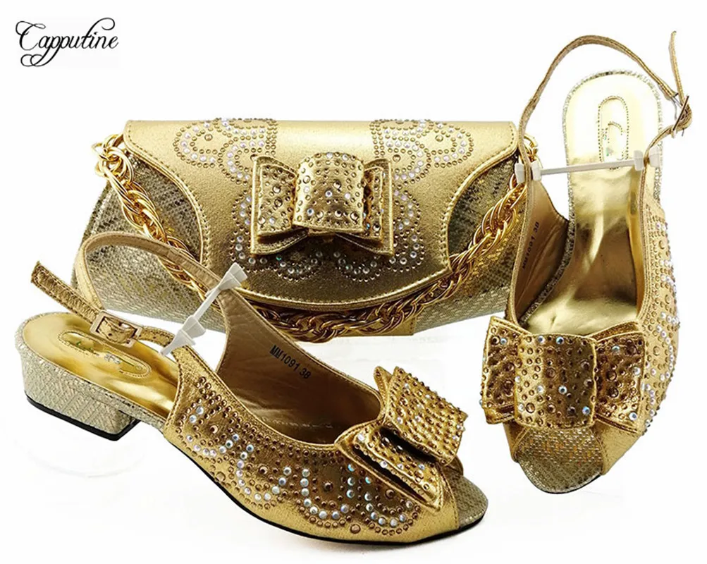 

Fashion gold African medium heel pump shoes and handbag for party MM1091, heel height 3.5cm