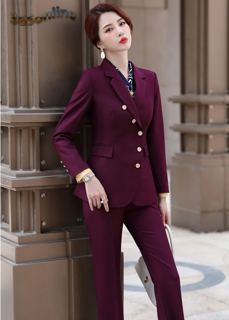 

Autumn Winter High Quality Fabric Formal Women Business Suits with Pants and Jackets Coat Female Pantsuits Career Blazers Set