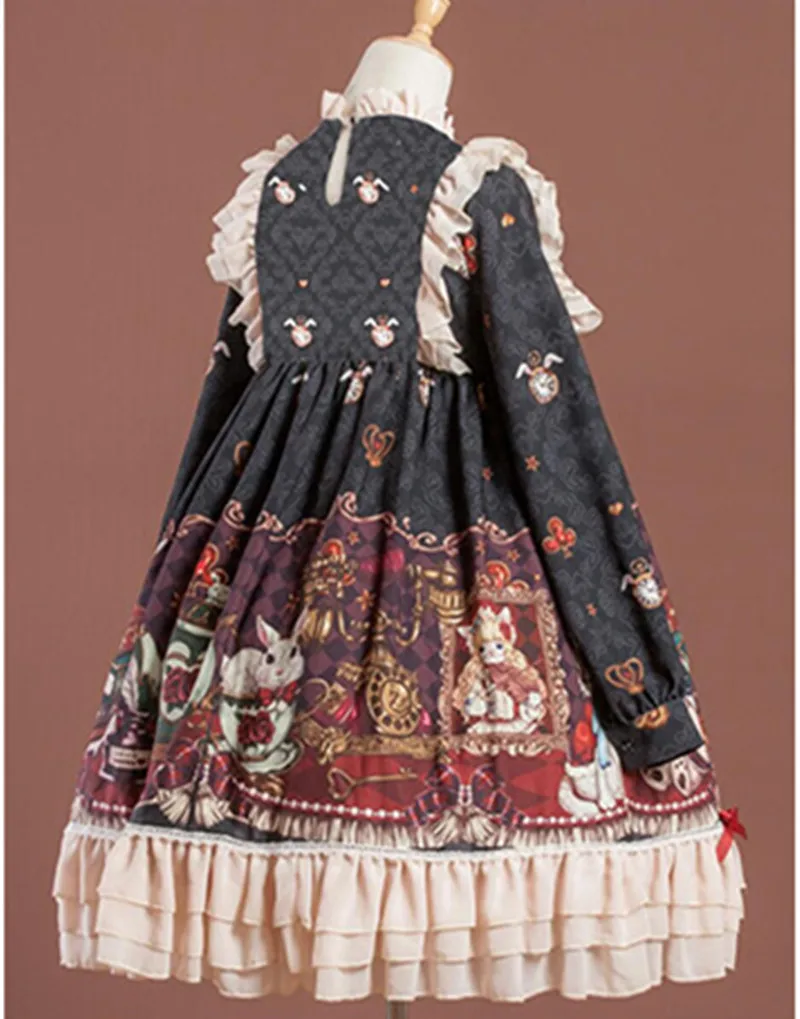 Black Lolita Dress Long Sleeve Crown Bear Printed Chiffon Lolita One Piece Dress With Pleated Ruffles Lolita Dresses Aliexpress