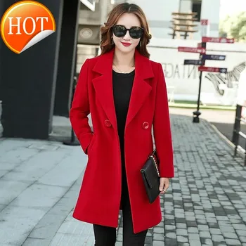 

Coat Fashion Wool Slim Long Double Breasted Pockets Wool Blend Coat and Jacket Solid Turn-down Collar Women Coats Autumn Winter