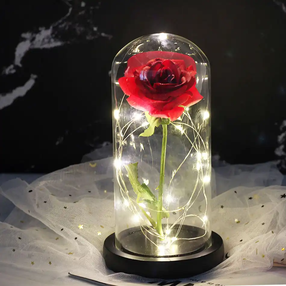 美女と野獣乾燥した花にガラスドームに木製ベースバレンタインデーのためのギフト花の装飾 造花 ドライフラワー Aliexpress