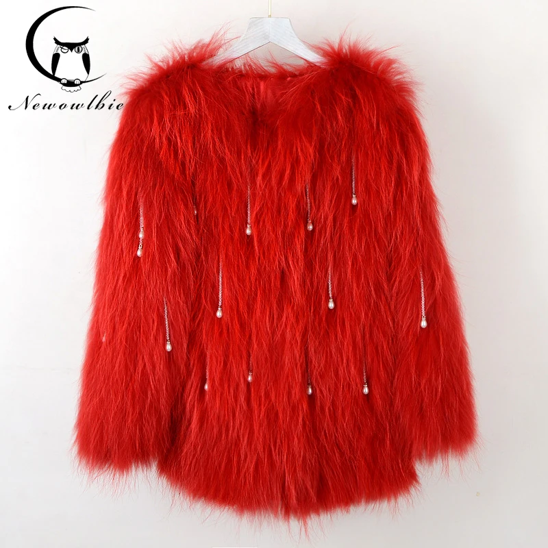 Женское трикотажное пальто с натуральным лисьим мехом, длина 70 см, новинка, модное Стильное женское пальто из меха енота, ручная работа, пальто со съемными бусинами