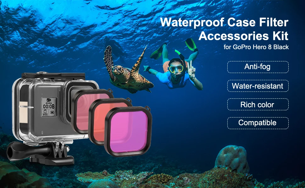 Аксессуары для Go Pro, водонепроницаемый чехол с 3 фильтром для дайвинга, аксессуары для GoPro Hero 8, черный цвет