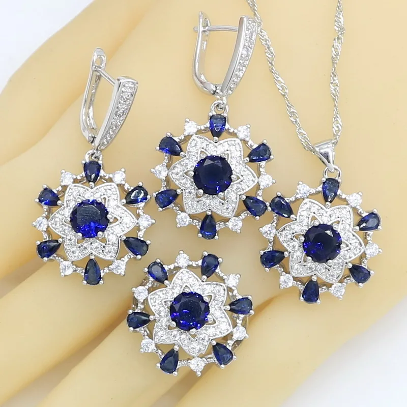 Новинка 925, серебряные Ювелирные наборы для женщин, голубой полудрагоценный браслет, серьги, кольца, ожерелье, подвеска, подарочная коробка - Окраска металла: 3PCS No Bracelet