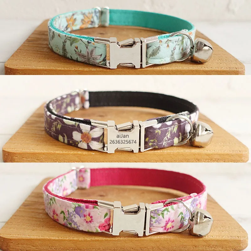 Collar de gato personalizado con nombre y campana para Chihuahua, placa de etiqueta con placa de identificación, con estampado Floral ajustable
