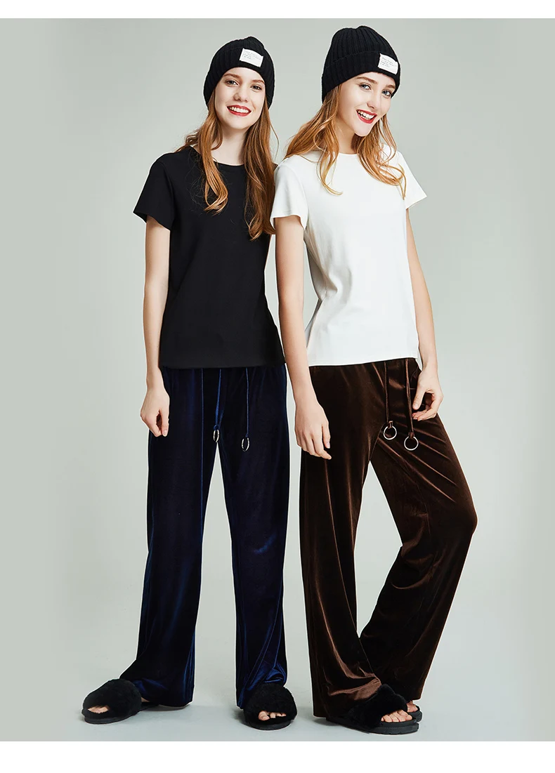 HAVVA autumn and winter new women black draped high waist pants loose gold velvet wide-leg mopping trousers K35010