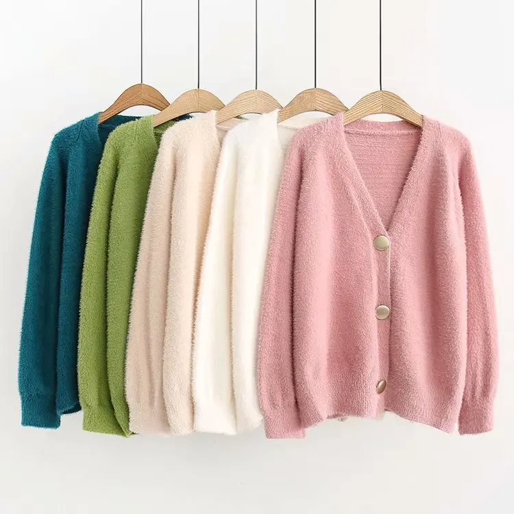 Loose Cardigan Sweater Women Gold Buckle Knitted Jacket Coat Solid Color V Neck Cardigan Autumn Winter Women Clothes