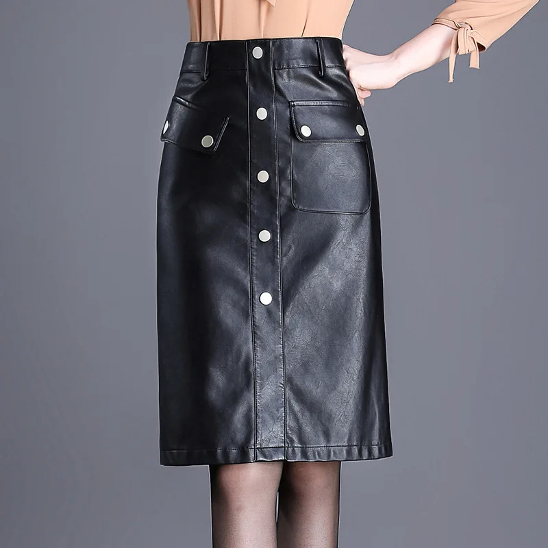 Новая модная женская юбка из искусственной кожи, высокое качество, черная, верблюжья, юбка-карандаш средней длины, высокая талия, рабочая юбка для женщин