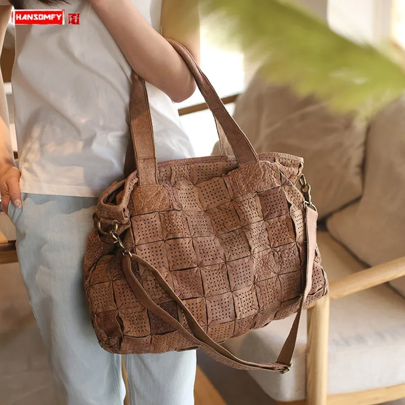 

Original design stitching leather women tote bag female genuine leather large capacity hollow shoulder crossbody bag handbags