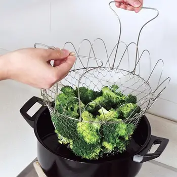 

Stainless Steel Steam Rinse Strain Fry Chef Basket Collapsible Multi-function Colander Cook Fried basket Kitchen Cooking Tool