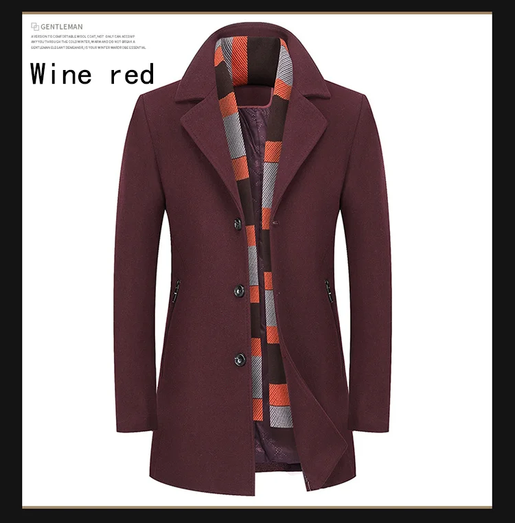 Wine red Длинное мужское шерстяное пальто, утолщенная теплая верхняя одежда, мужская деловая Повседневная брендовая однотонная шерстяная куртка для темперамента размера плюс 2XL DS8062 - Цвет: Wine red