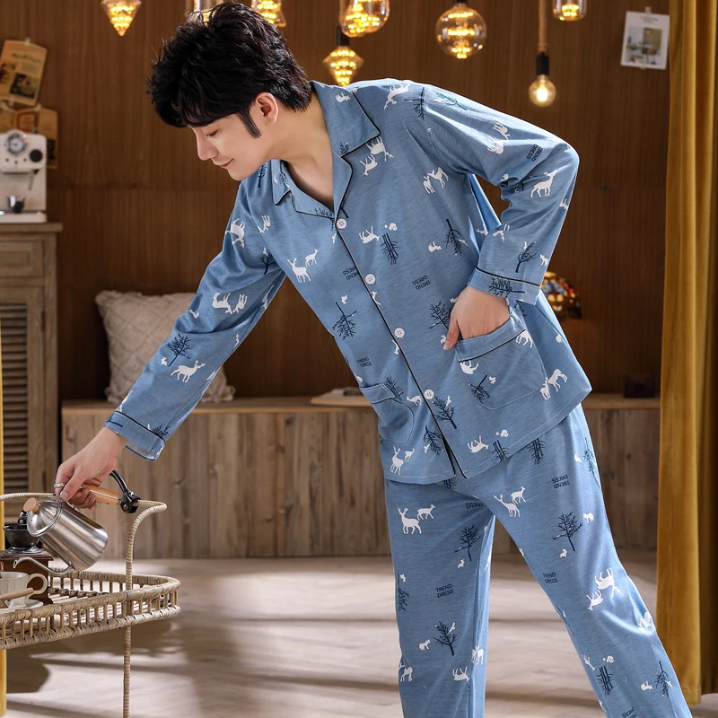 mens pjs New Spring Autumn Winter Men's Pajamas Sets Fashion Print PJs Sleepwear Long Sleeve Home Clothes For Men Soft Casual Nightgown mens pjs sale