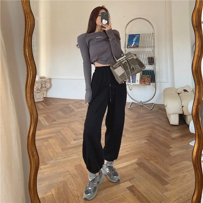 YUANYUANJYCO Autumn Spring Women Baggy Sport Harem Pants Korean Fashion Elastic High Waist Loose White Grey Black Trousers Woman track pants