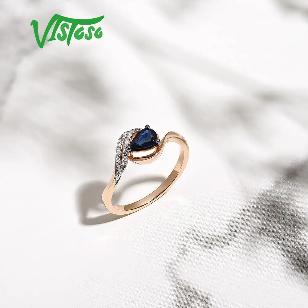 VISTOSO кольцо из чистого розового золота 14 к 585 пробы для женщин, кольцо из сияющей алмазы, синий сапфир, Роскошные Свадебные Элегантные ювелирные изделия для помолвки