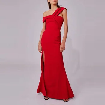 

2020 Elegant Party Sexy Evening Women Long Dresses One Shoulder Bodycon High Split Female Ruffles Maxi Red Black Dresses Female