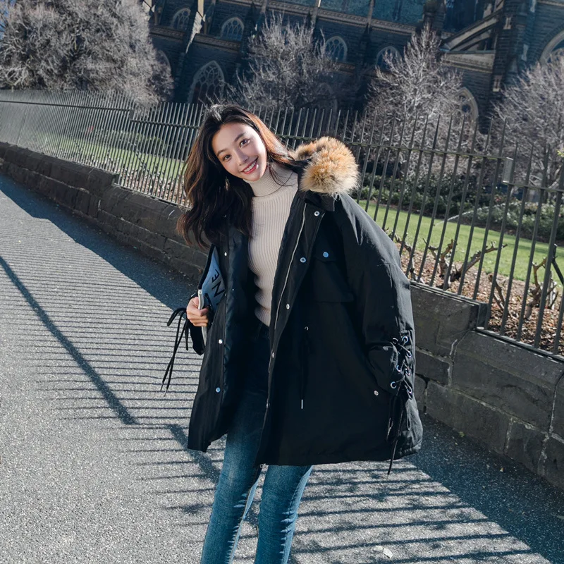 

ACZ Winter Large Fur Collar Workwear Thick Cotton Coat 19 Korean-style Women's Loose And Plus-sized Hooded down Coat Cotton Over