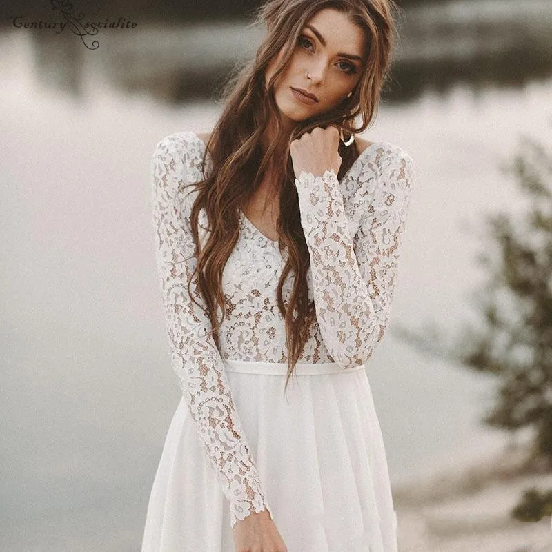 Кружевные свадебные платья в стиле бохо 2020 шифоновые пляжные с длинным рукавом и