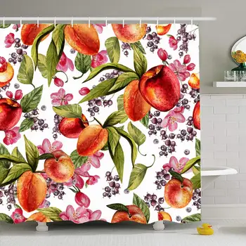 

Shower Curtain Set with Hooks 72x72 Watercolor Natural Pattern Flowers Spring Bouquet Painting Currant Peach Nature Textures