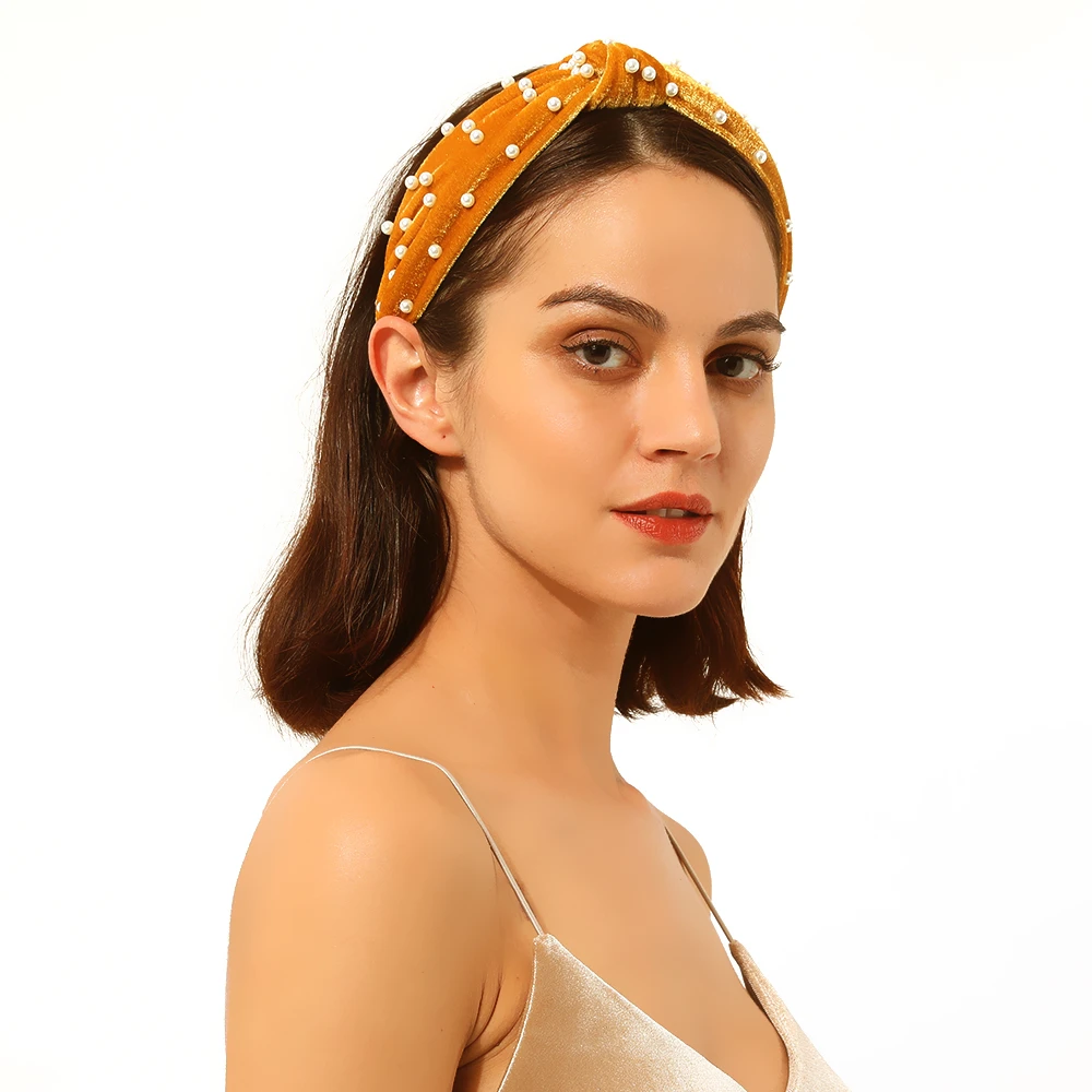 Бархатная повязка на голову с узлом, женская мода, искусственный жемчуг, повязка на голову, украшение для волос, аксессуары, меняющий цвет, светильник F1105