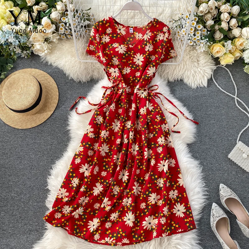 YuooMuoo Flower Print Elegant Women Dress Short Sleeve Vintage Midi Beach Party V Neck Drawstring A Line Streetwear | Женская одежда