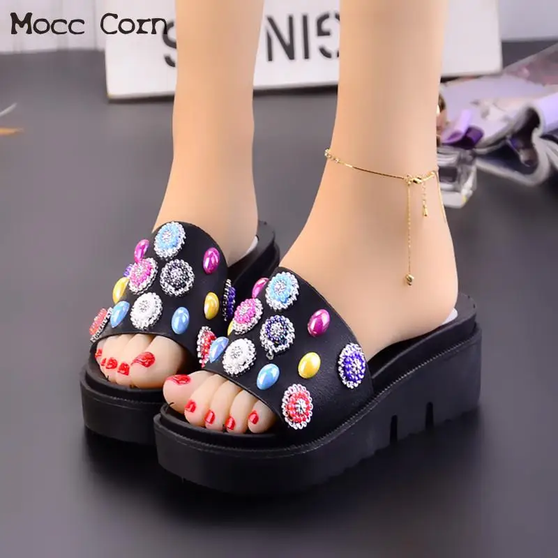 

Women Slipper Sandals Heels Wedges Beach Flip Flops Platform Peep Toe Crystal Elegant Female Slides Pink Summer Shoes Flat Mules