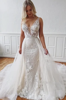 

Wedding Dress with Overskirt Sleeveless Ivory V-neck Sheath Chapel-Train Appliques Beautiful Wedding Dresses Bridal Gowns