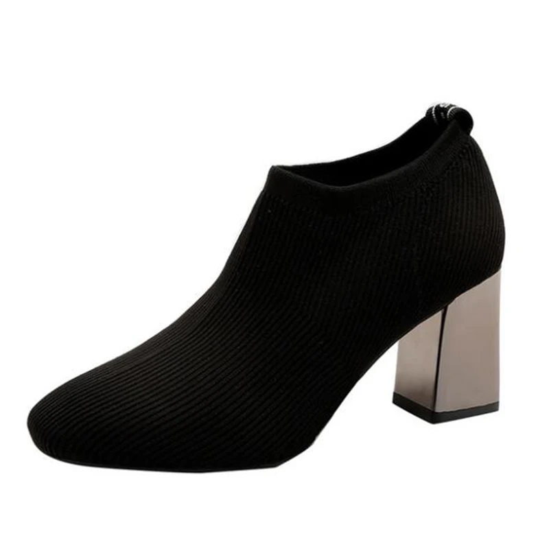 COVOYYAR/модные сапоги-носки; женские туфли-лодочки; вязаная обувь на толстом высоком каблуке; коллекция года; сезон весна-осень; женские ботильоны; WBS2119 - Цвет: Черный