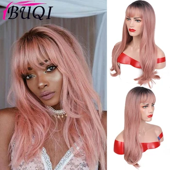 

BUQI Pink Wavy Long High Temperature Sleek Synthetic Wigs Ombre Cosplay Bangs Wavy Wigs For Black Women