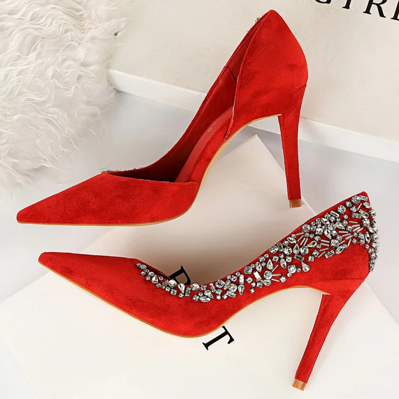 

2020 Women 10cm High Heels Crystal Pumps Lady Rhinestone Luxury Female Escarpins Fetish Heels Sexy Party Wedding Glitter Shoes