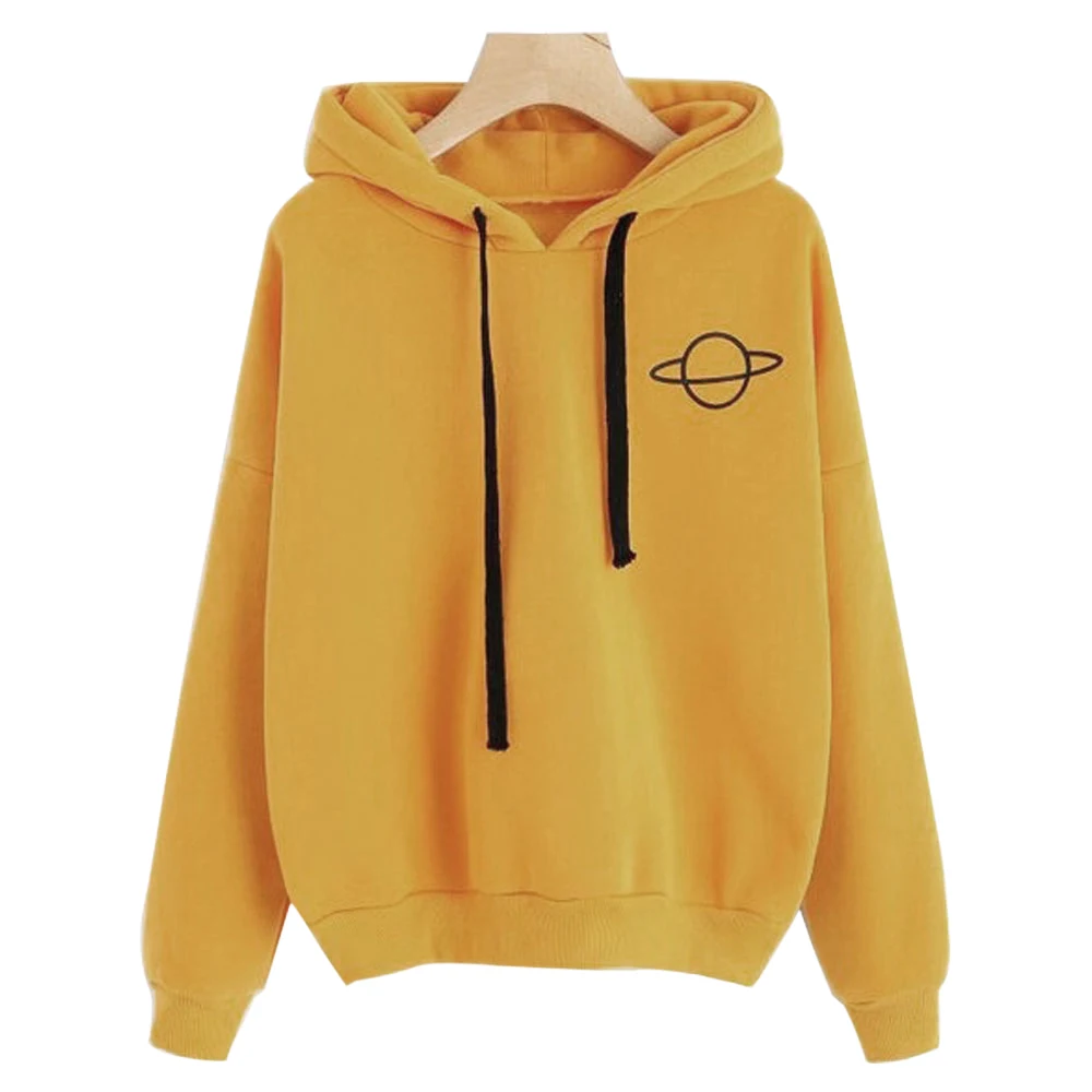 Ginger Yellow WENYUJH, женские толстовки, повседневные, Kpop, с принтом планеты, одноцветные, свободные, на шнурке, толстовка с длинным рукавом, с капюшоном,, Осенний Женский пуловер - Цвет: Ginger Yellow
