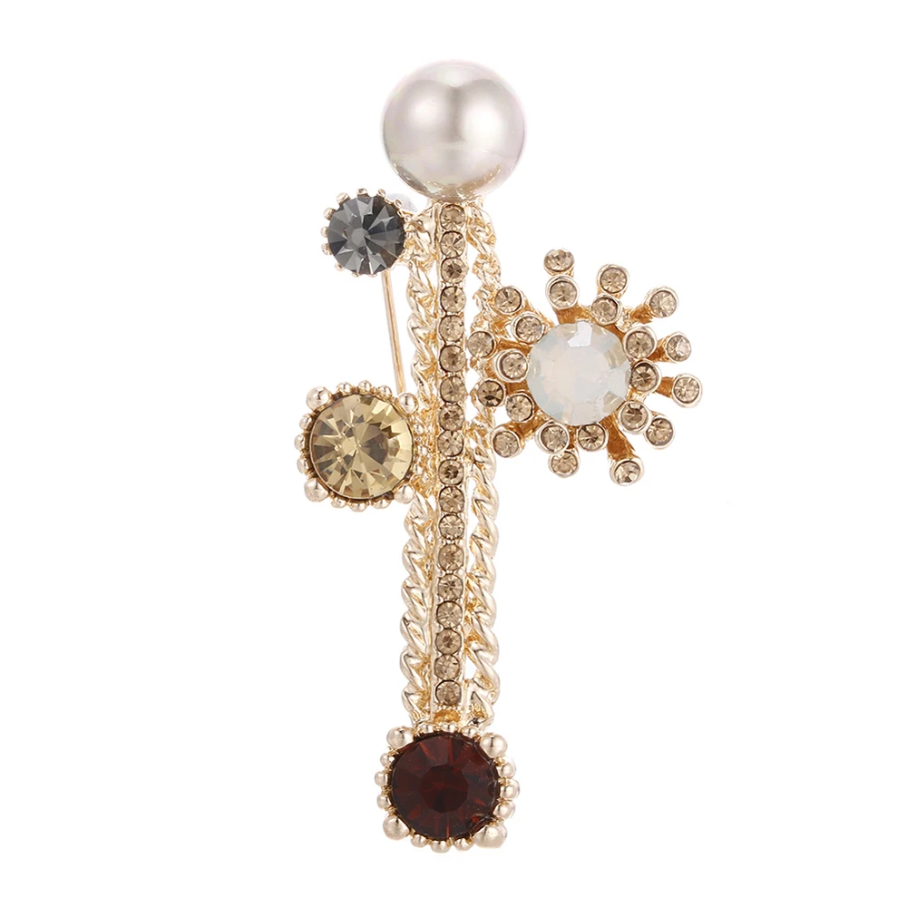 

JUJIE Fashion Gold Cactus Brooches For Women 2019 Luxury Crystal Pearl Flower Brooch Pins For Men Plant Jewelry Dropshipping