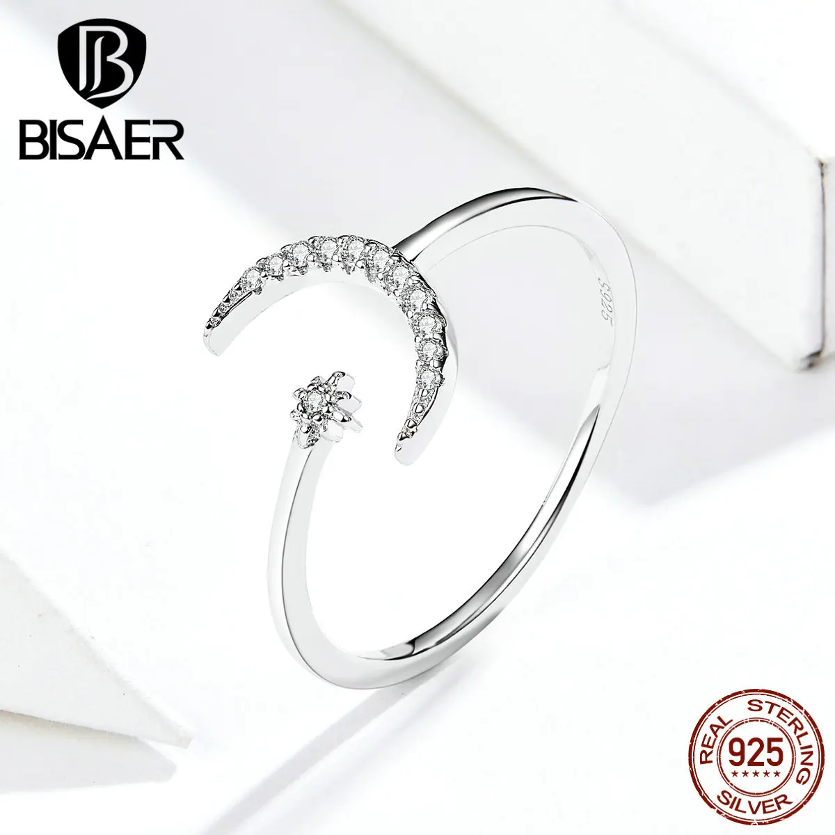 

Moon Jewelry BISAER Hot Sale 925 Sterling Silver Moon Finger Rings for Women Cubic Zircon Wedding Bridal Jewelry Anel ECR569