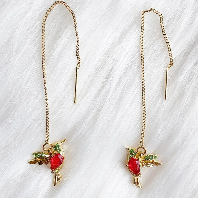 Fashion Crystal Bird Dangle Earrings Long Tassel Chain Earrings