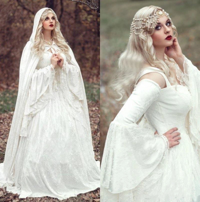

Vintage Gothic White Lace Ball Gown Wedding Dresses With Cloak Plus Size Flare Long Sleeve Celtic Medieval Princess Bridal Dress