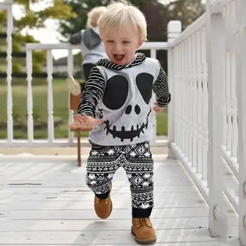 

Fashion 2019 Cute Toddler Baby Boys Halloween Clothes Cartoon Skull&Striped Long Sleeve Hoodie Tops+Geometry Pants Outfits