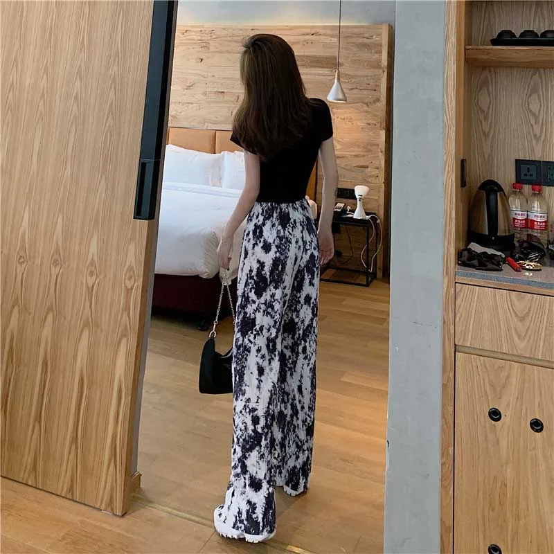 One-Piece Trousers For Female 2020 Summer New Fashion High Waist Tie Dye Wide-Leg Pants Vintage Korean Women Casual Loose Pants