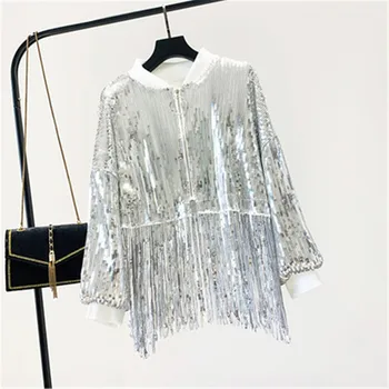 

2020 Spring Women Chic Heavy industry Sequin Tassel Coats Loose Long Sleeve Zipper Outerwear Vintage Female Casual Fashion Tops