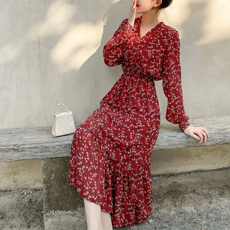 Винтажное платье с цветочным принтом Boho Весна Лето Женское модное повседневное вечернее платье с длинным рукавом офисное платье большого размера плюс красное платье